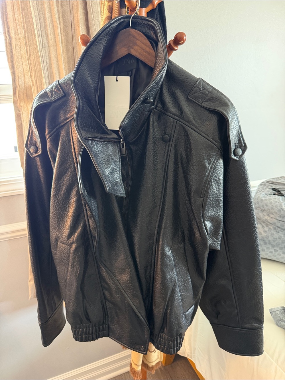 Women’s ZARA vegan leather black oversized high neck bomber jacket NWT medium